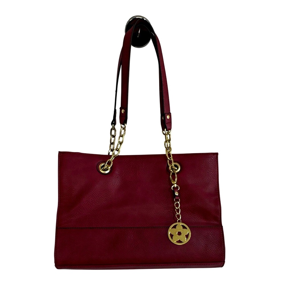Bueno Burgundy Red Shoulder Tote Handbag Gold Chain Straps Charm Large Purse